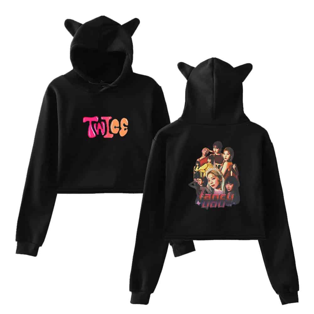 Twice kpop merch hoodie with cute cat ears, featuring colorful TWICE logo and group image design for fans. perfect for stylish K-pop enthusiast wardrobe additions.