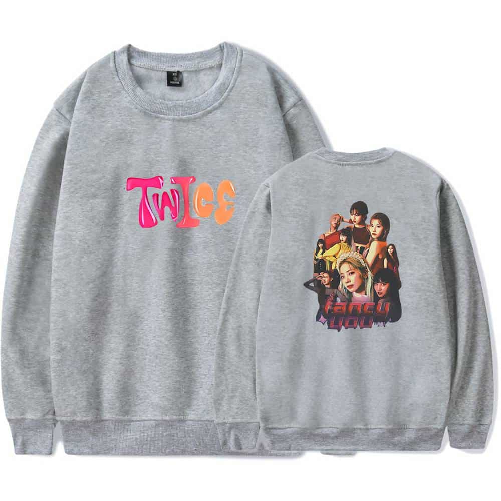 Twice Kpop merch sweatshirt featuring colorful TWICE logo and group image for fans.