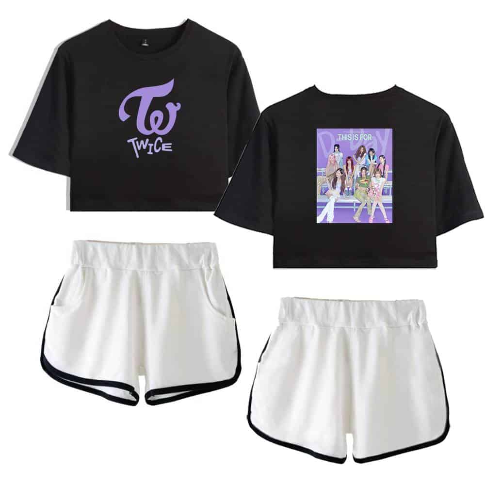 TWICE kpop merchandise, featuring a black crop top with the group's logo and another with a group photo, paired with stylish white shorts with black trim. Perfect for K-pop fans.