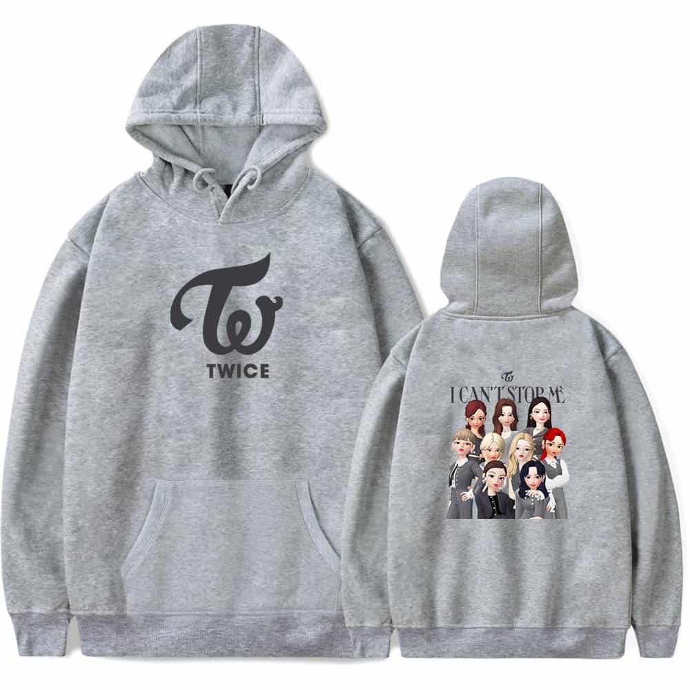 TWICE Kpop hoodie with logo and animated girl group characters, perfect for fans' merchandise collection. Unisex, soft gray fabric, ideal for casual wear.