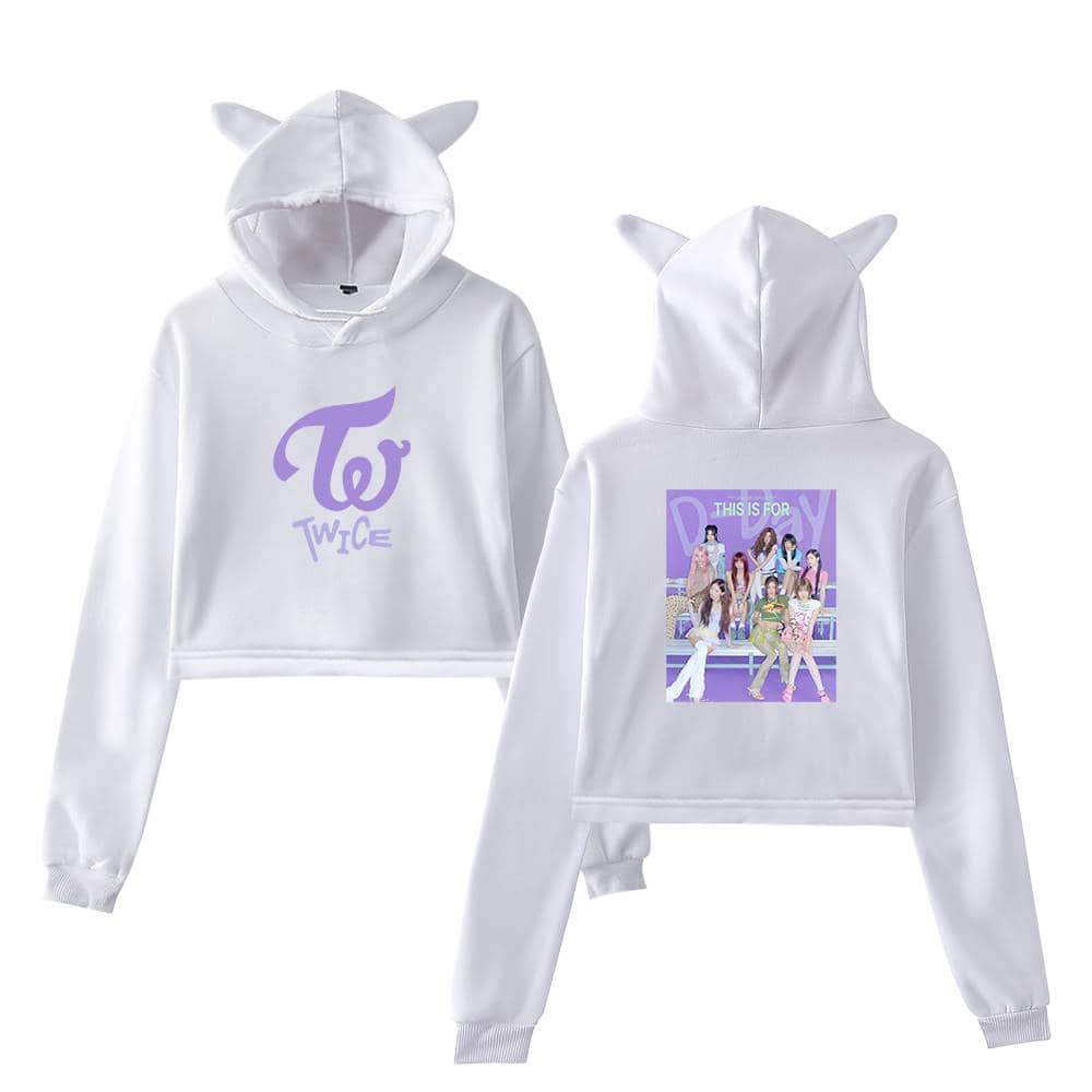 Twice kpop hoodie with cat ears design, purple logo, and group photo on back, perfect for fans and concerts, soft fabric, trendy music merchandise.