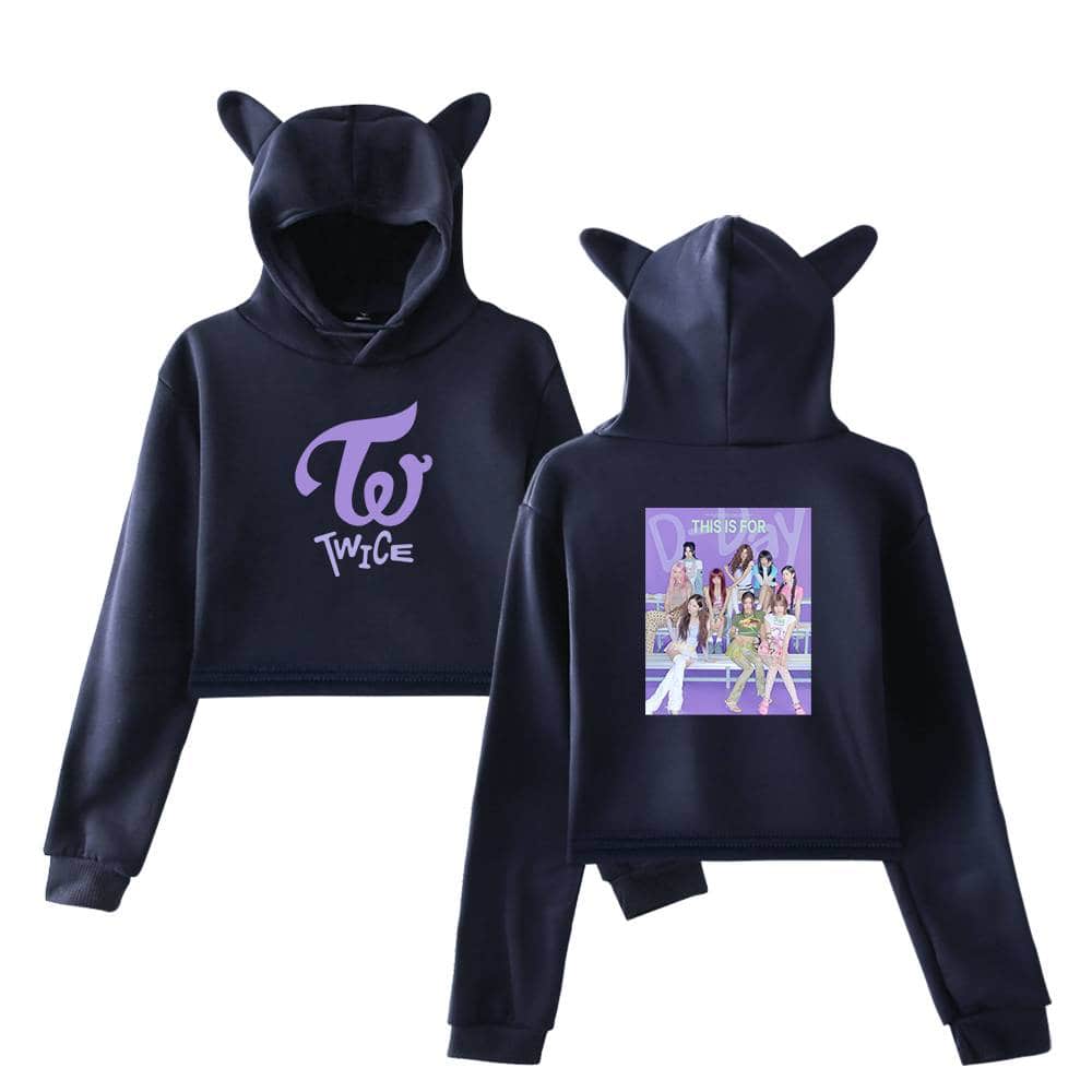 Twice kpop merch hoodie with cat ears, featuring the logo and group members print for fans of TWICE.