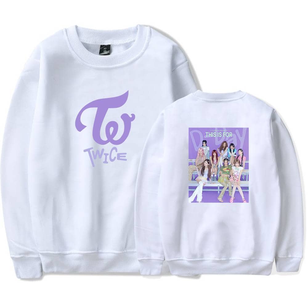 Twice kpop merch sweatshirt with TWICE logo and colorful group image on the back of the white sweatshirt, ideal for fans and collectors of K-pop memorabilia.