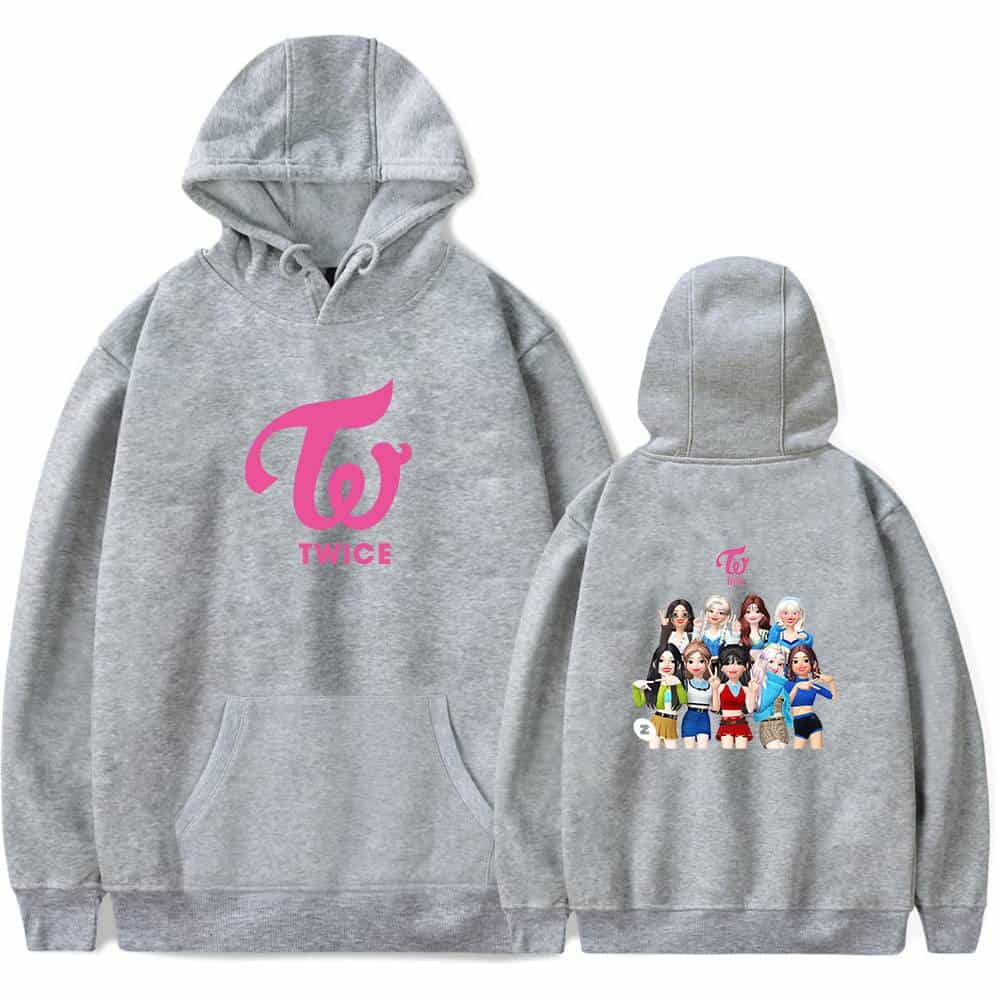 TWICE hoodie with pink TWICE logo on front and animated group illustration on back, perfect for K-pop fans. Unisex, cozy sweatshirt ideal for casual wear and showing support for the popular K-pop girl group.