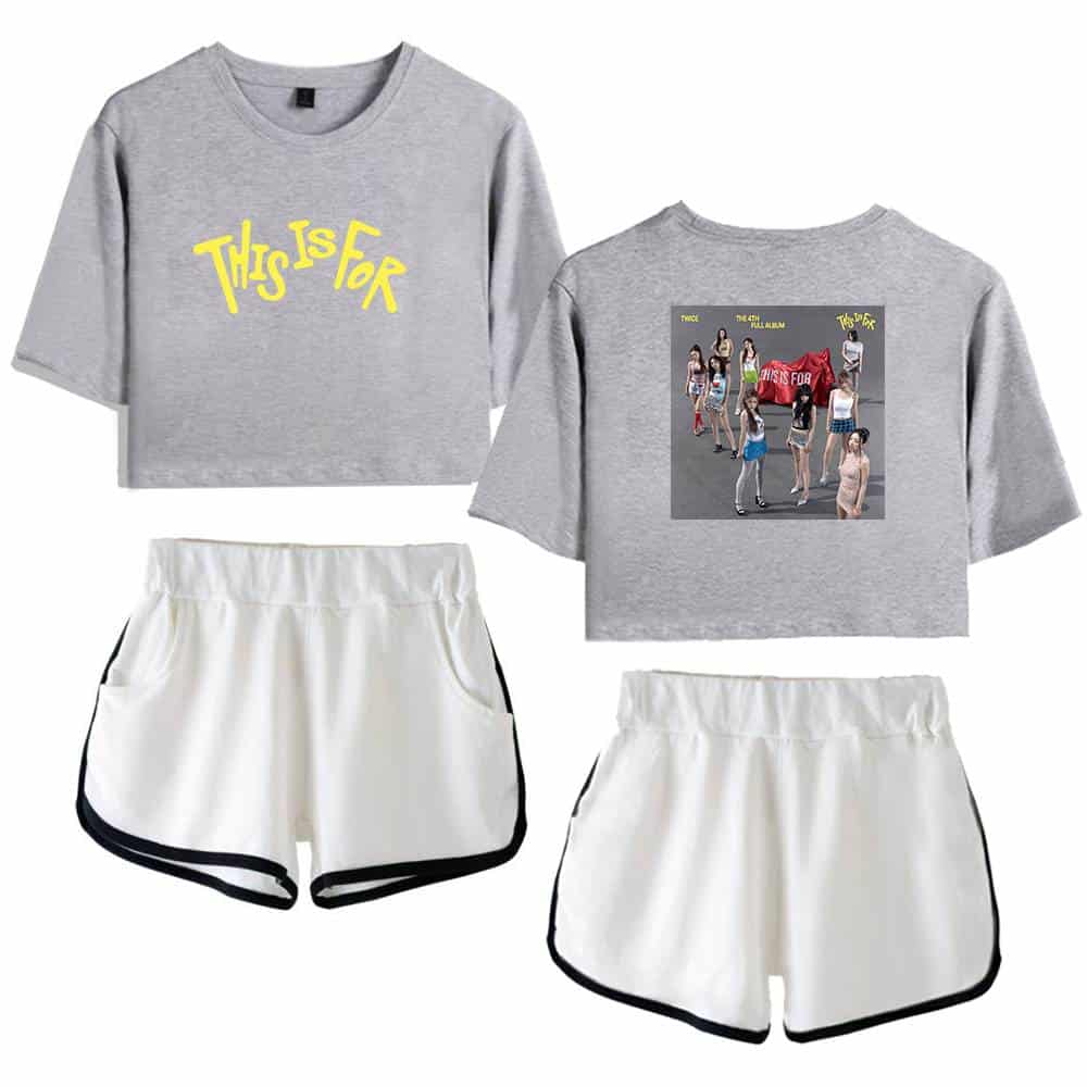 Two Kpop merchandise sets featuring casual gray T-shirts with printed designs and white shorts with black trim, perfect for Kpop fans to showcase their favorite groups in style.