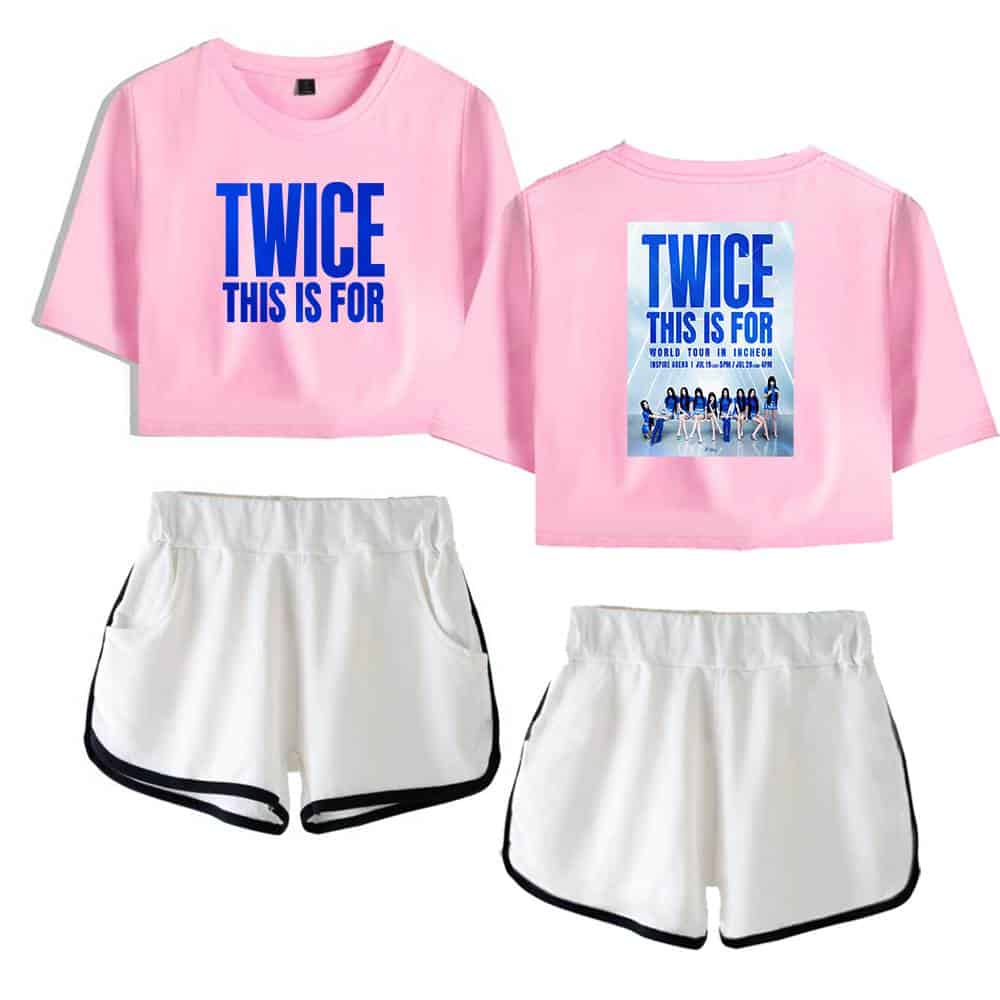 Twice kpop merch, twice kpop merchandise, kawaii pink T-shirt and white shorts set with Twice group photo and logo print, perfect for fans, casual wear, and concerts, showcasing vibrant and trendy K-pop style.