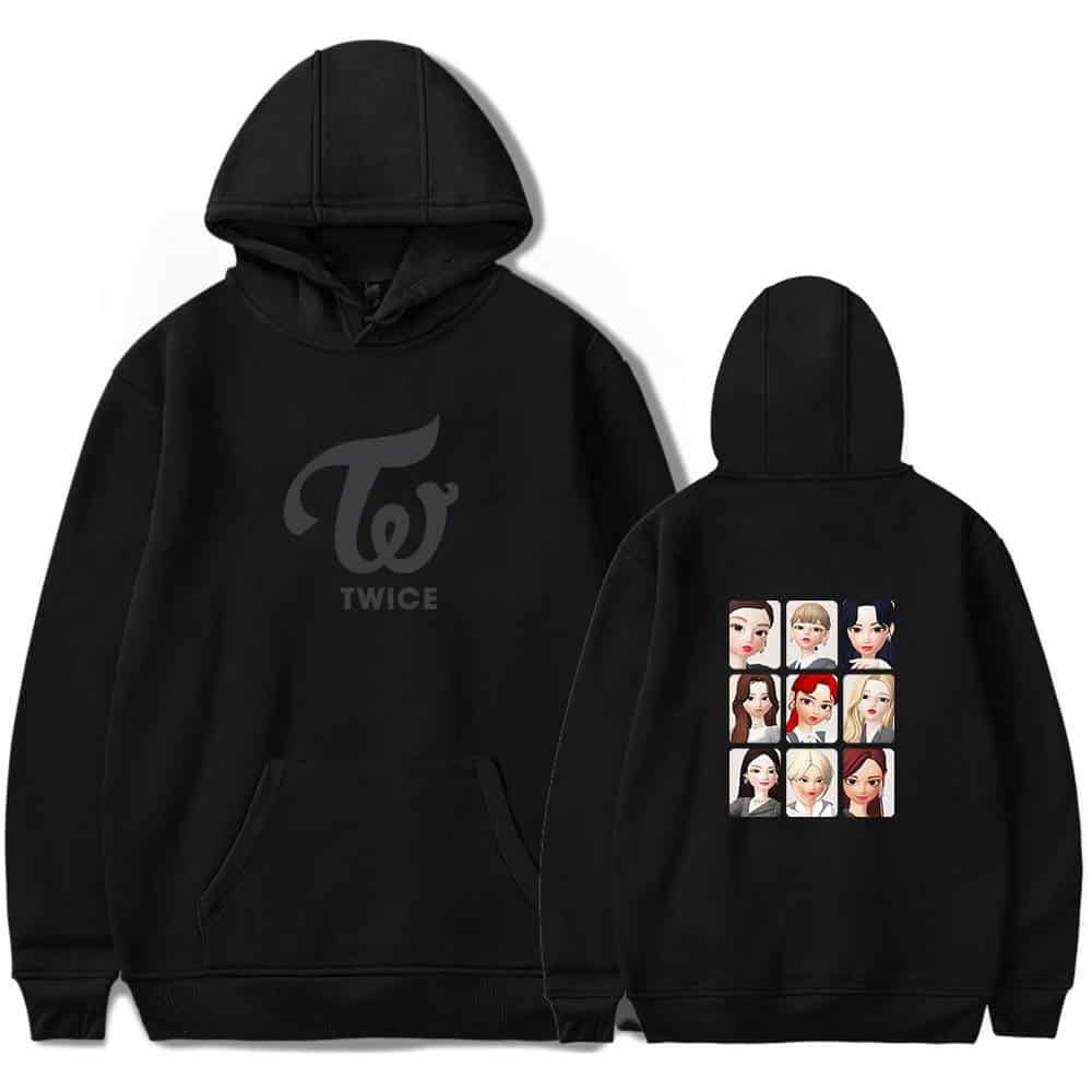 TWICE K-pop merch sweatshirt with TWICE logo and cartoon members, black hoodie, stylish and fan-friendly, perfect for TWICE fans and K-pop enthusiasts.