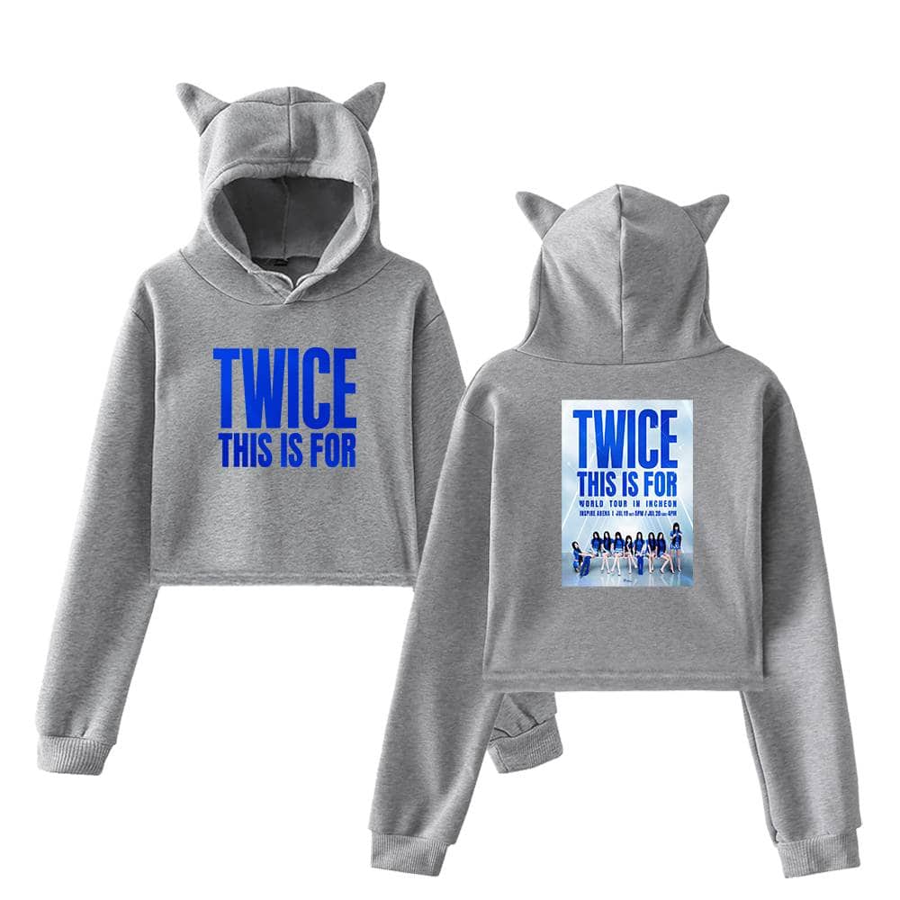 TWICE hoodie with a playful cat ear hood and TWICE tour graphic, perfect for K-pop fans. Cozy, stylish, and vibrant, it celebrates TWICE’s latest concert and allows fans to showcase their love for the group.