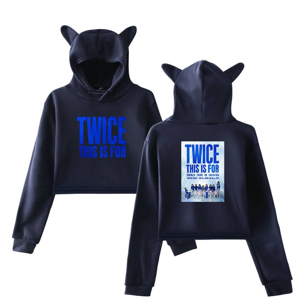 TWICE K-pop hoodie with bear ears, bold blue text, and a concert poster design, perfect for fans. Stylish and comfortable merchandise for TWICE enthusiasts to showcase their support.
