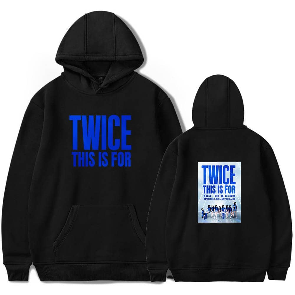 TWICE hoodie with concert print, black oversized sweatshirt featuring bold blue text and group photo, perfect for Kpop merch fans.