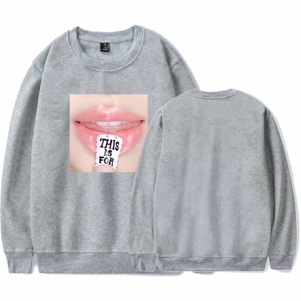 Twin kpop merch sweatshirt with graphic print, gray crewneck, trendy fans clothing, casual style, unisex design, music-inspired apparel, comfortable fabric, stylish fan merchandise, popular Korean pop fanwear.