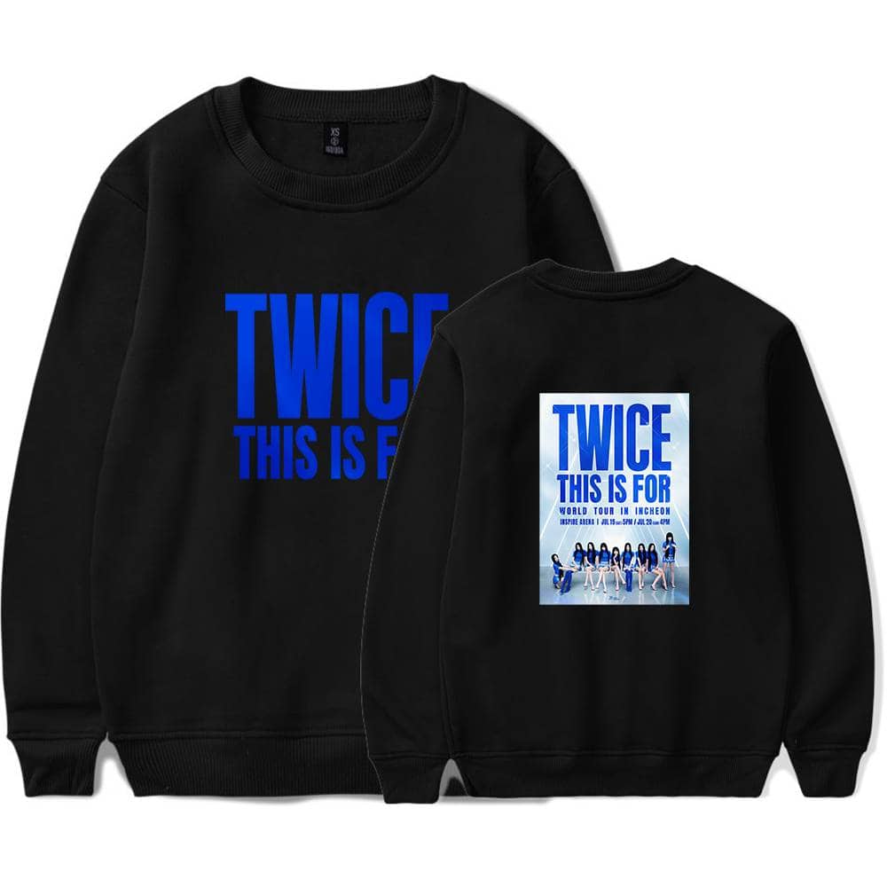 TWICE sweatshirt with bold blue text and concert poster featuring the group TWICE in blue and white.