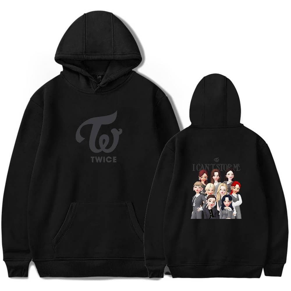 TWICE K-pop merchandise hoodie with group logo and animated members, perfect for fans and collectors. Stylish black design featuring TWICE branding and group members illustration. A great gift for K-pop lovers.