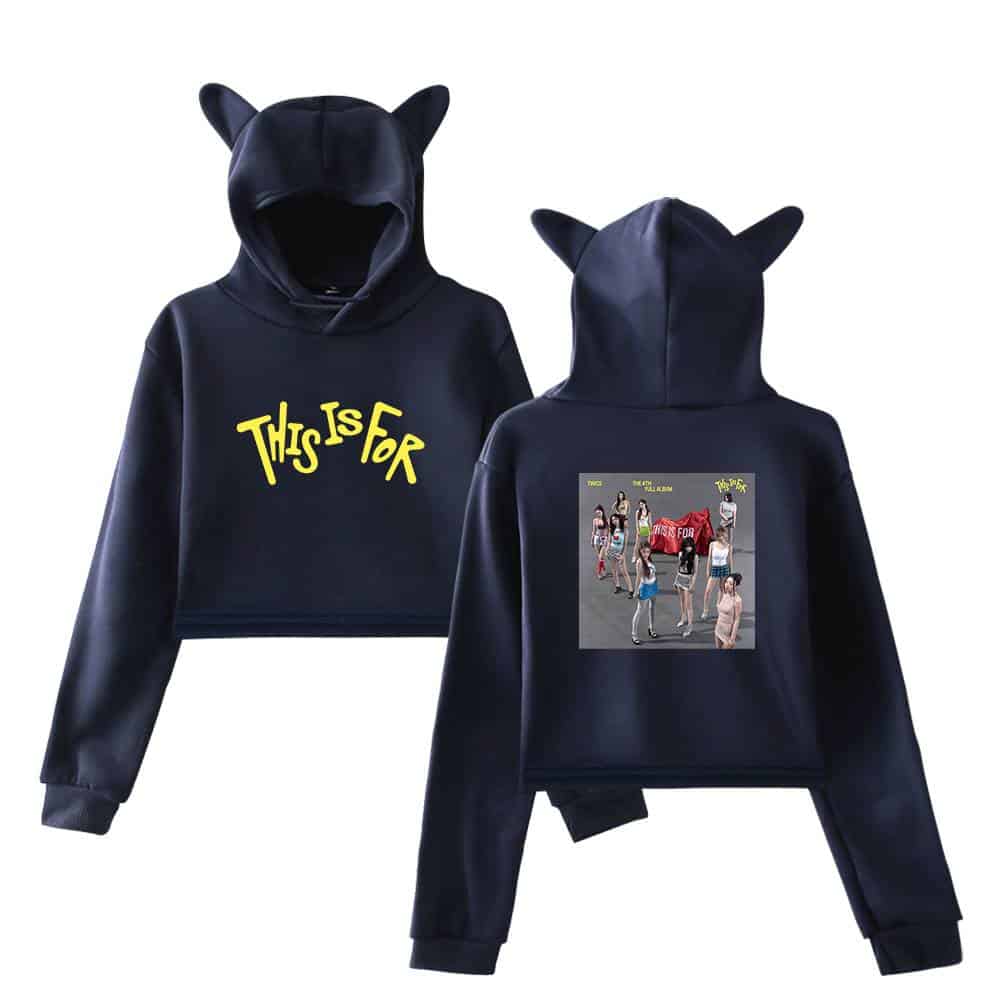 Hoodie with "This is For" graphic and bear-ear hood design, perfect for K-pop fans who love unique merch pieces.