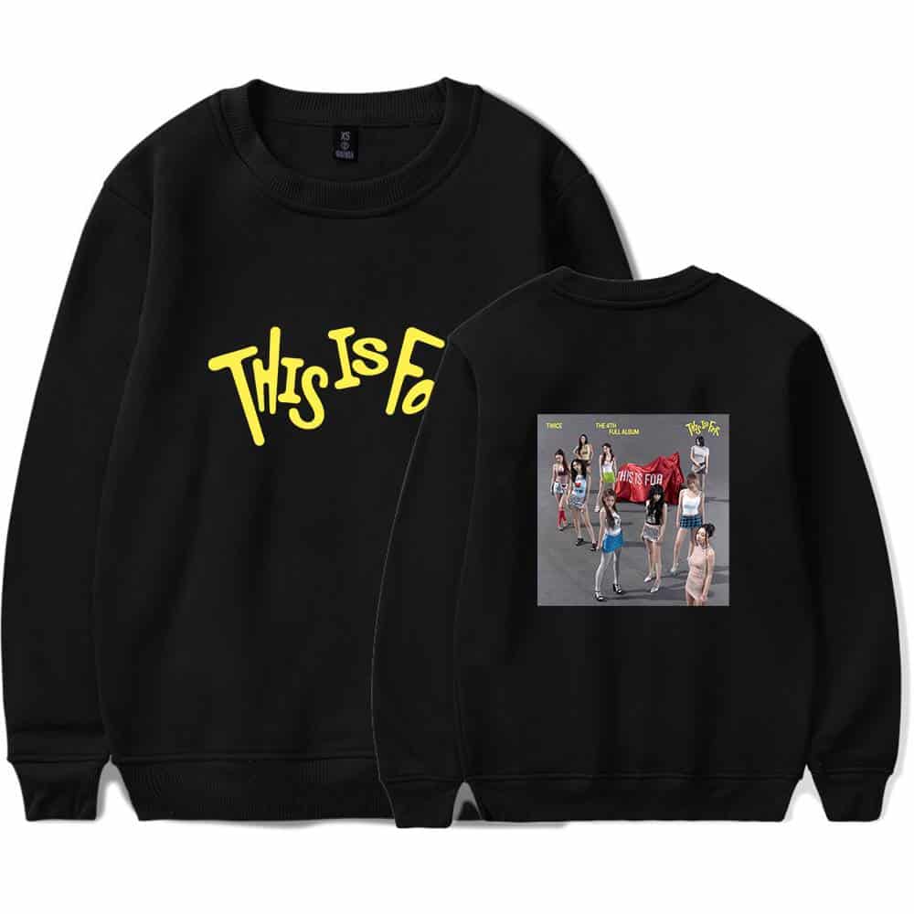 Black sweatshirt with BTS "This Is For" album cover print, featuring the girl group TWICE, for fans of K-pop merchandise, showcases vibrant graphic design and comfortable fabric.