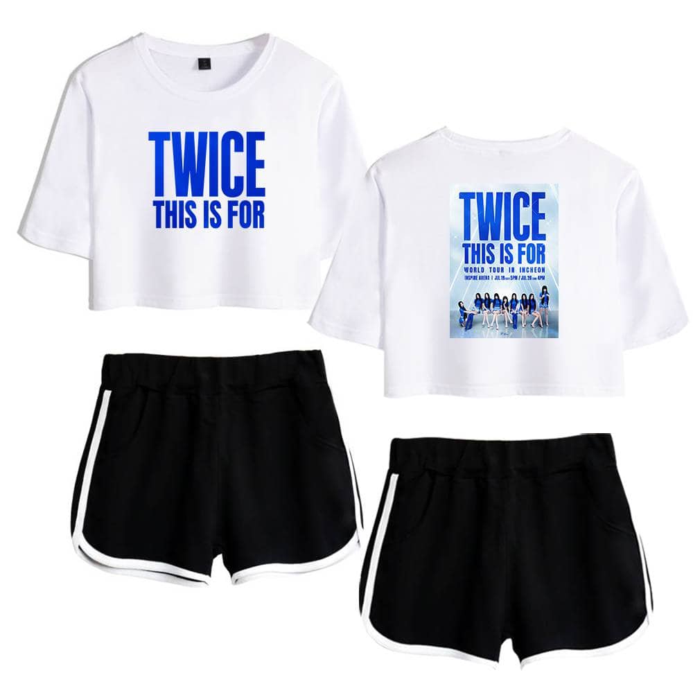 Twice kpop merch, twice kpop merchandise, two-piece Twice T-shirt and shorts set, stylish K-pop fan apparel featuring TWICE logo and concert print, perfect for fans of the popular girl group.