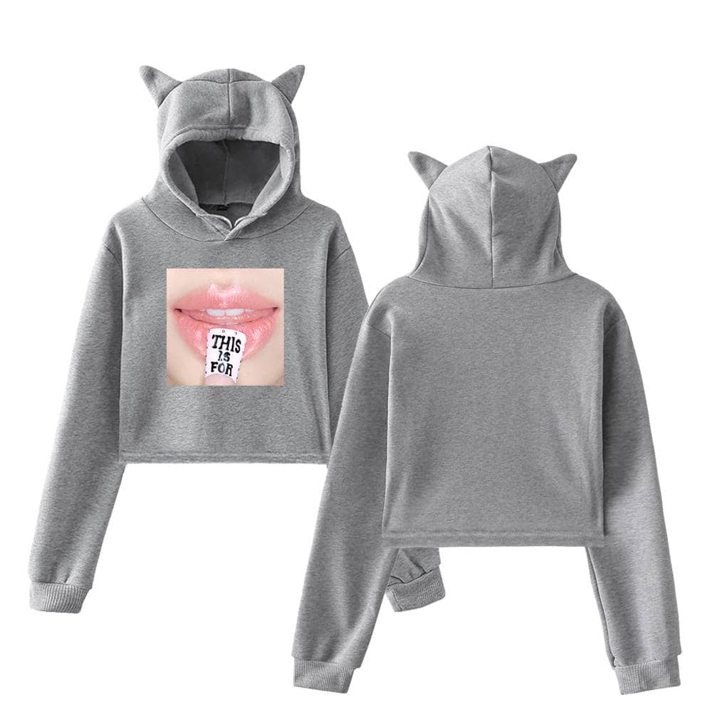 Gray hoodie with cat ears and graphic print on front, stylish and cozy K-pop merchandise.