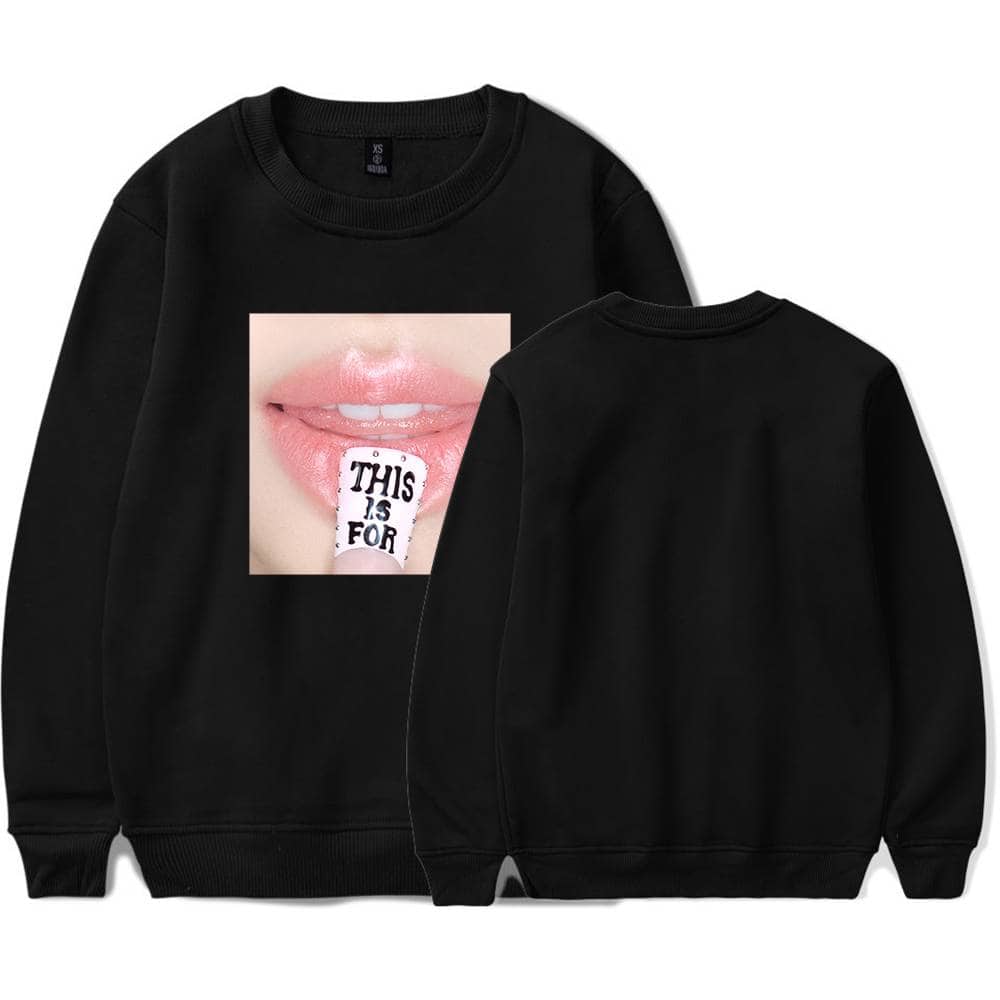 Black sweatshirt with lips graphic print and text "THIS IS FOR".