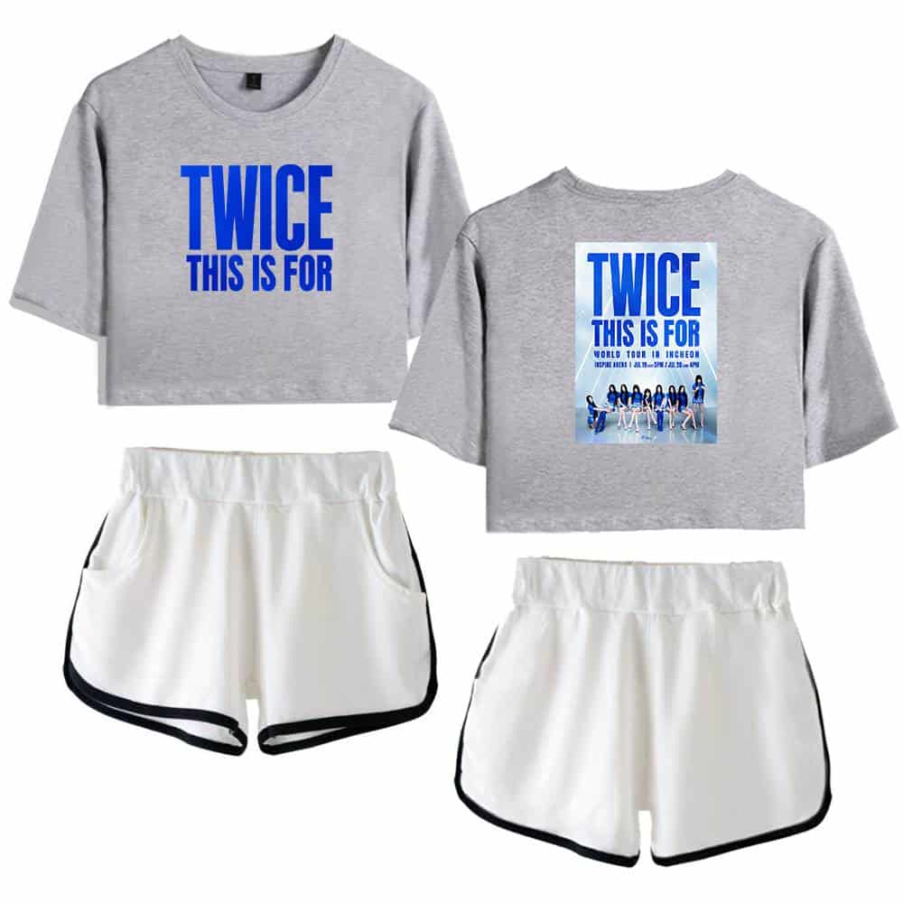 TWTICE K-pop merchandise set featuring gray crop tops with "TWICE" text in bold blue letters and matching white shorts with black trim, perfect for fans.
