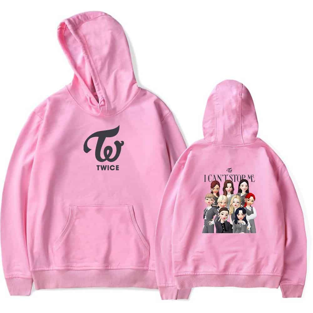 TWICE Kpop hoodie with group logo and cartoon members, pink sweatshirt merchandise for fans.