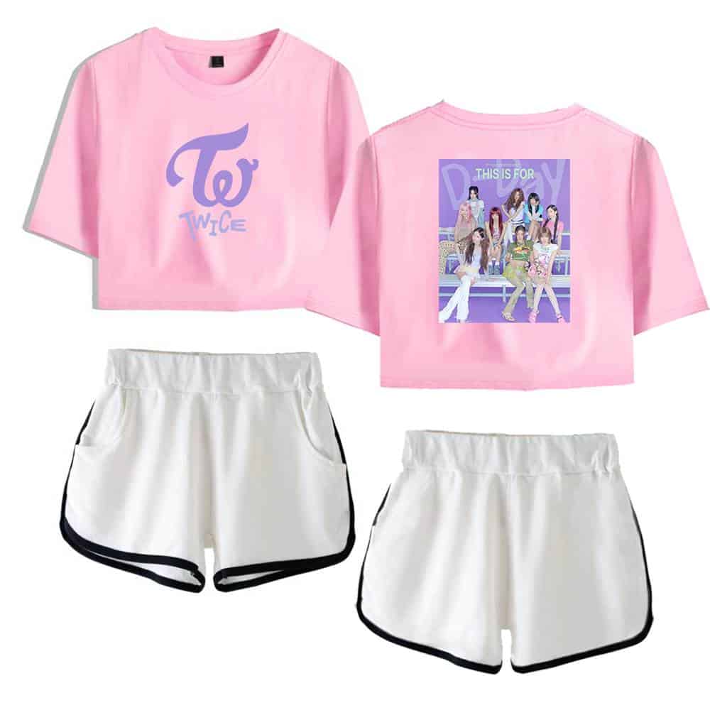 Twice kpop merch, pink TWICE graphic t-shirt with group photo on back and white athletic shorts with black trim, perfect for K-pop fans and concert outfits.