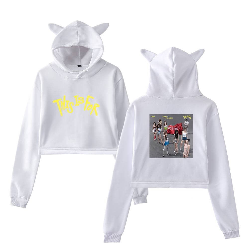 White cropped hoodie with "This Is For" graphic and animal-eared hood, featuring group photo print on back, perfect for K-pop fans and merch collectors.