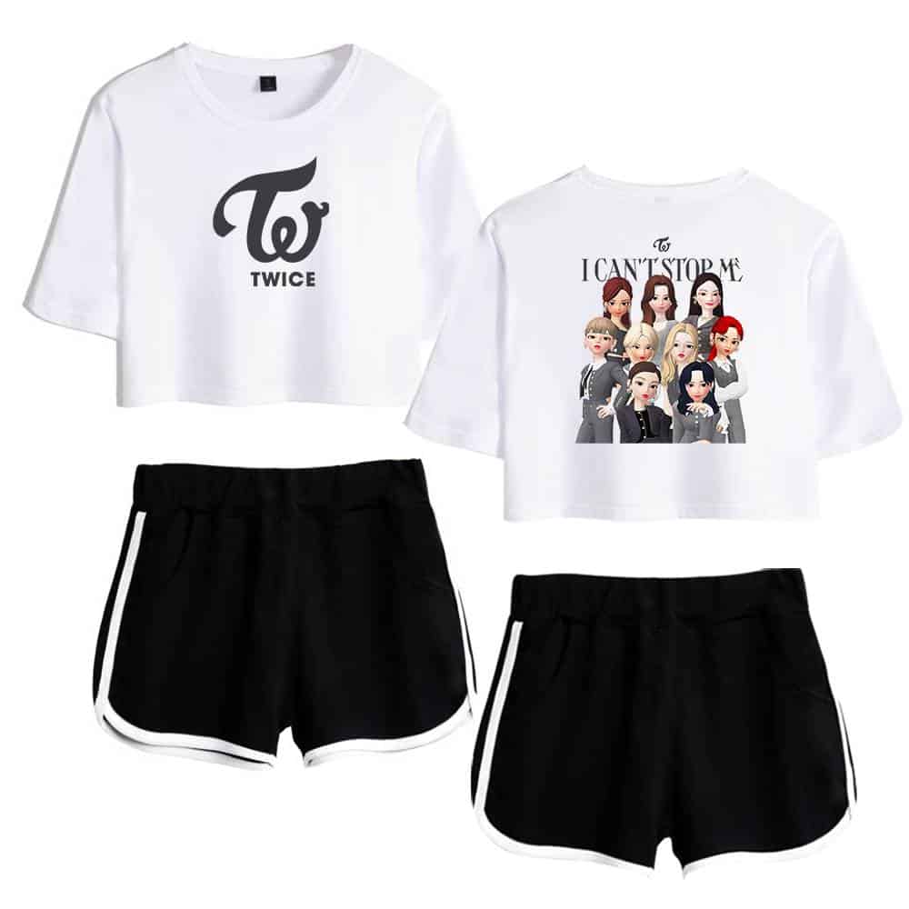 TWICE Kpop merchandise crop top and shorts set, perfect for fans to showcase their love for the popular girl group. Stylish and comfortable apparel featuring TWICE logos and member graphics.