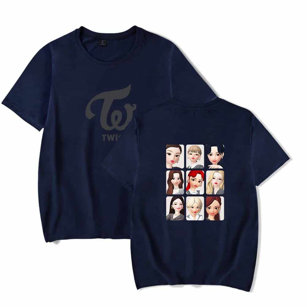 Twin kpop merchandise, K-pop group TWICE illustrated cartoon members on casual T-shirts, perfect for fans and collectors of twin kpop merch.