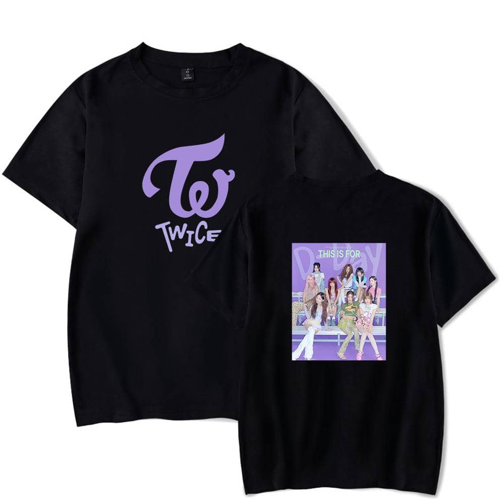 TWICE K-pop merchandise t-shirt featuring the group's logo and a colorful group photo. Perfect for fans to showcase their support and love for TWICE. Made of comfortable material, ideal for casual wear.