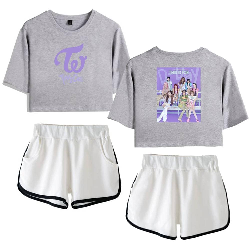 Twice kpop merch with graphic tank top and shorts, perfect casual outfit for fans of the girl group, featuring their colorful photo print and stylish design, ideal for expressing fandom.