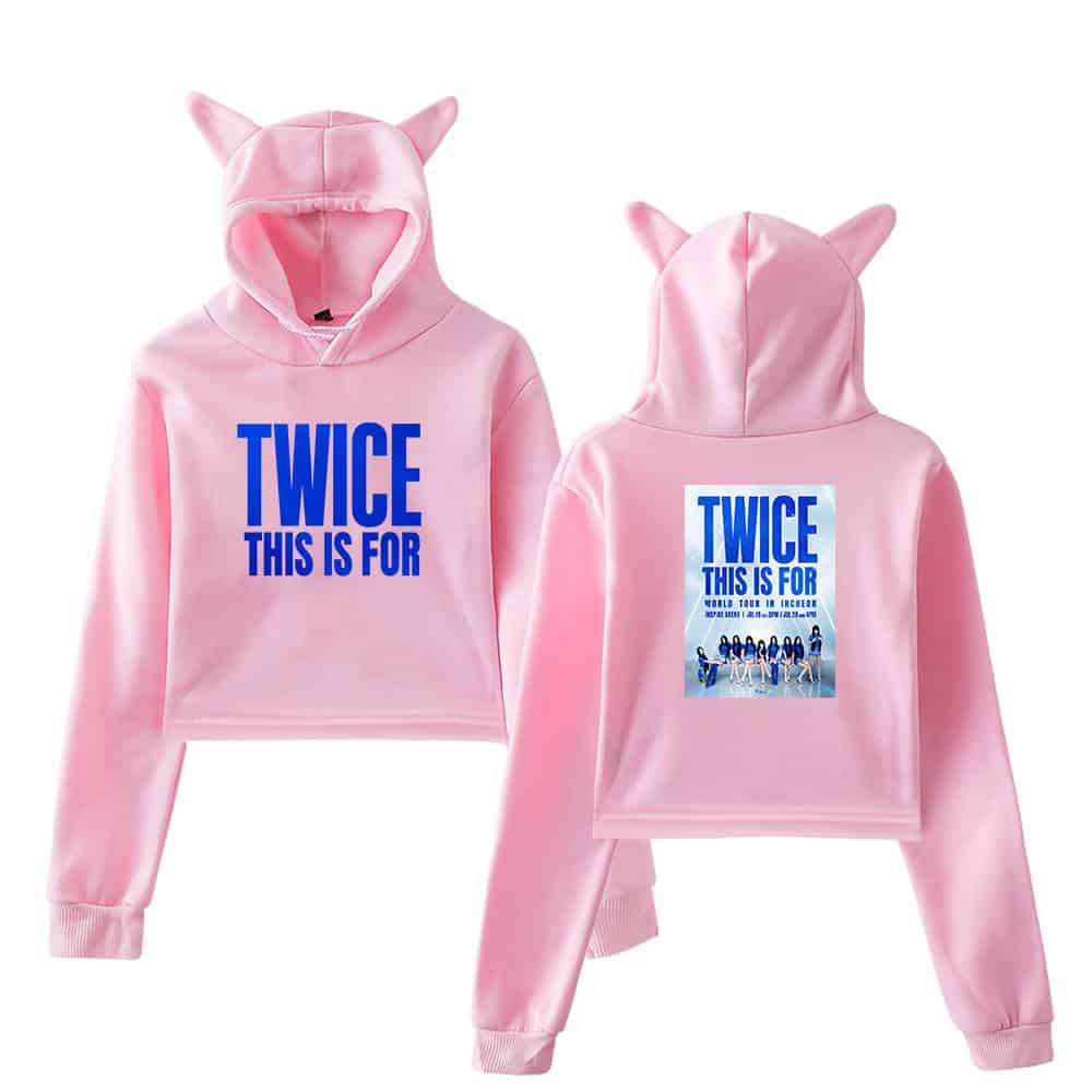 TWICE hoodie with Cat Ears and bold blue text, perfect for K-pop merchandise fans.