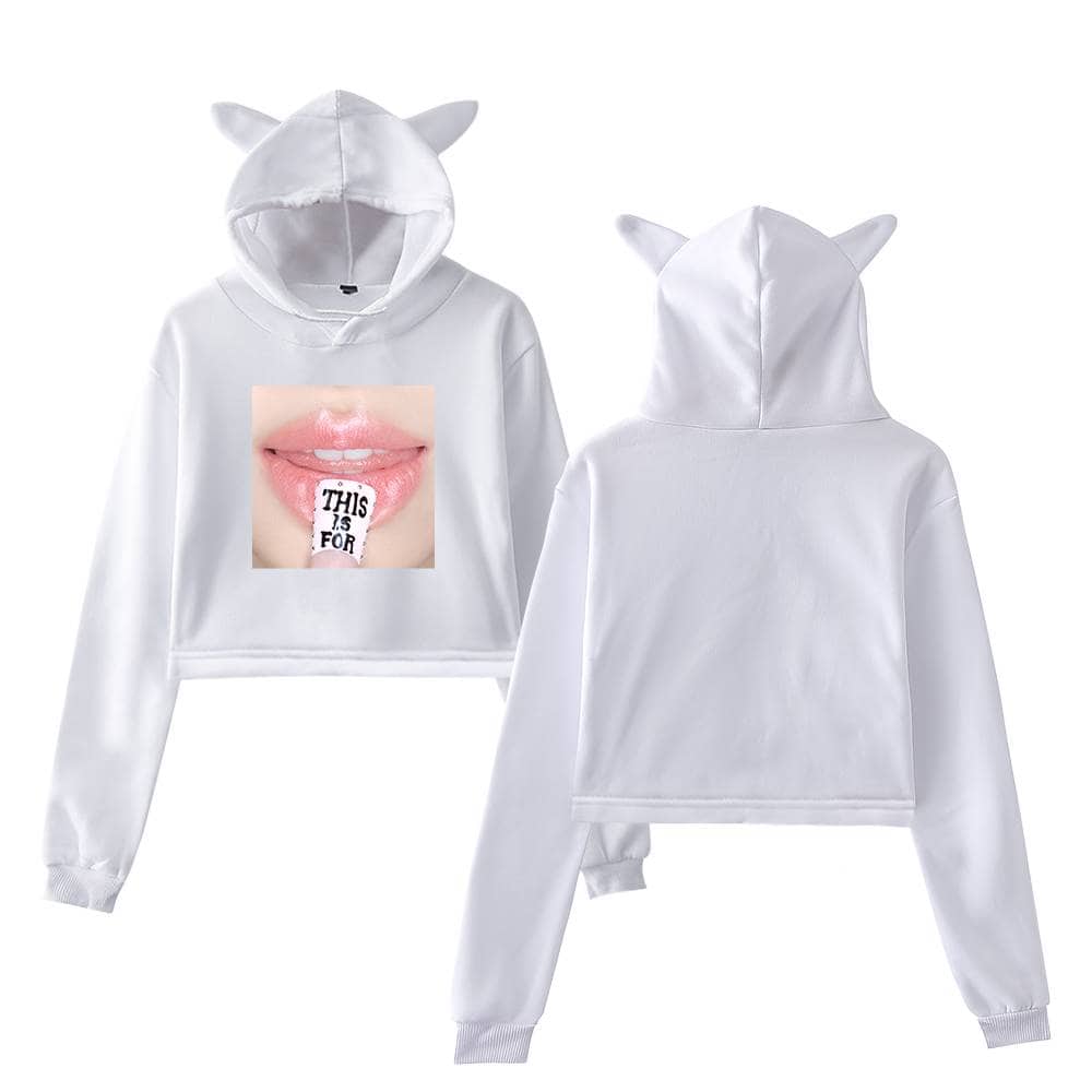 White hoodie and sweatpants set with animal ear hoodie, featuring a graphic of lips with a message on the front, perfect for K-pop fans and merchandise collectors.