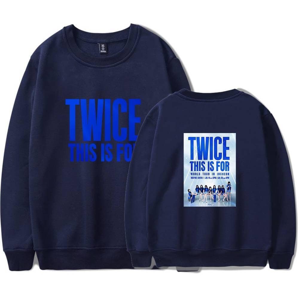 TWICE sweatshirt with bold blue text and concert graphic, perfect for K-pop fans and concert attendees.