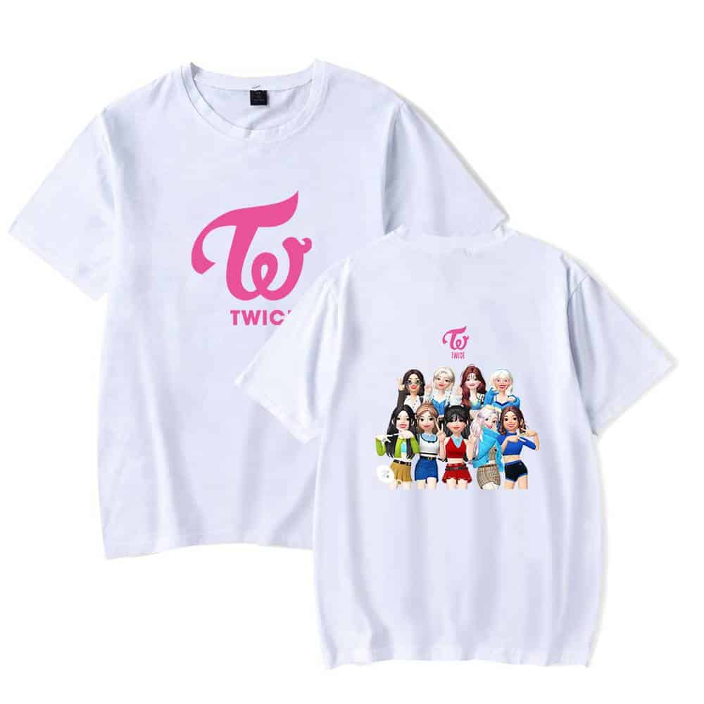 TWICE K-pop merchandise t-shirt with colorful group graphic and pink TWICE logo on white background. Perfect for fans to show support for the popular girl group. Unisex casual wear.