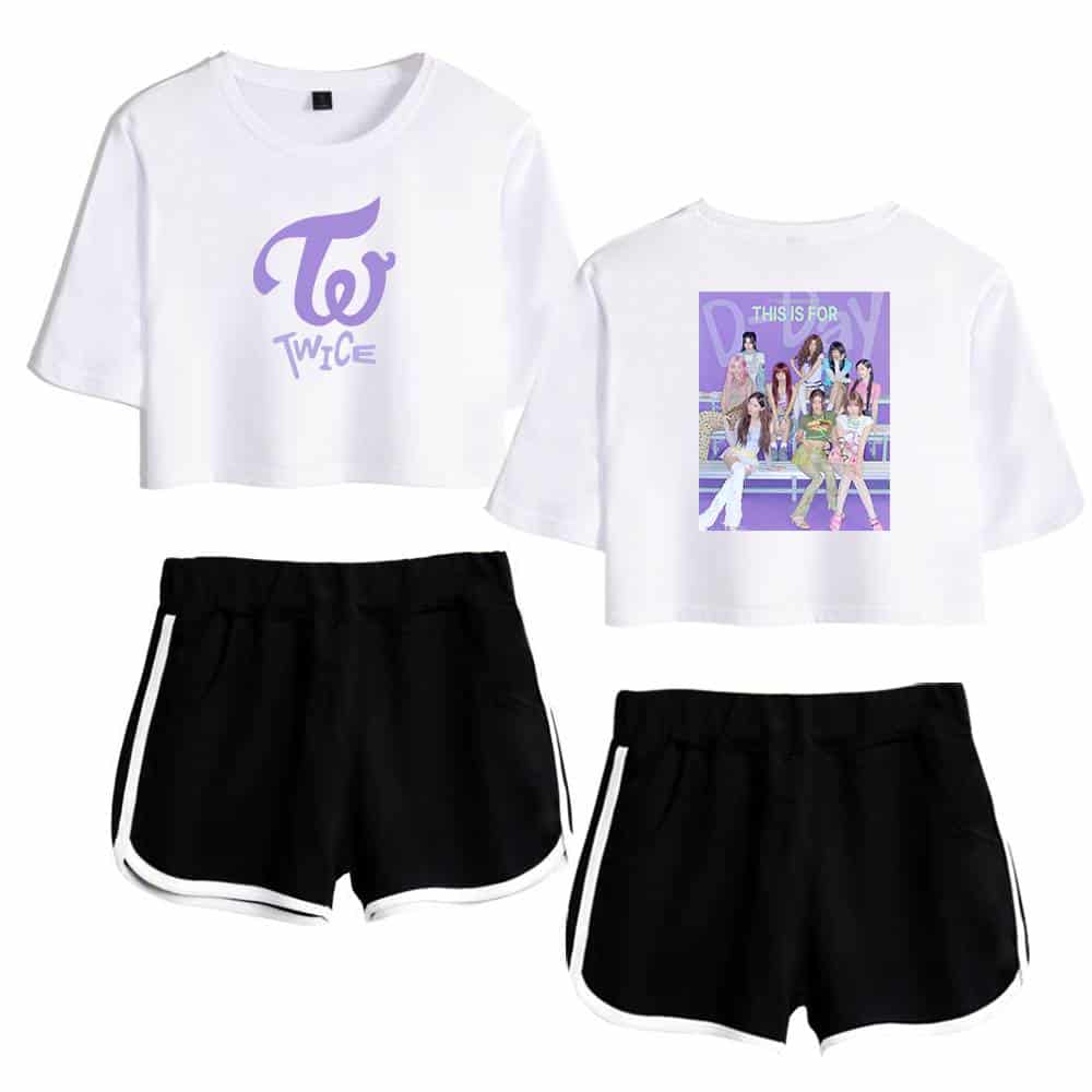 Twice kpop merch, K-pop Twice girl group merchandise with T-shirt and shorts featuring their logo and image, perfect for fans to showcase their support.