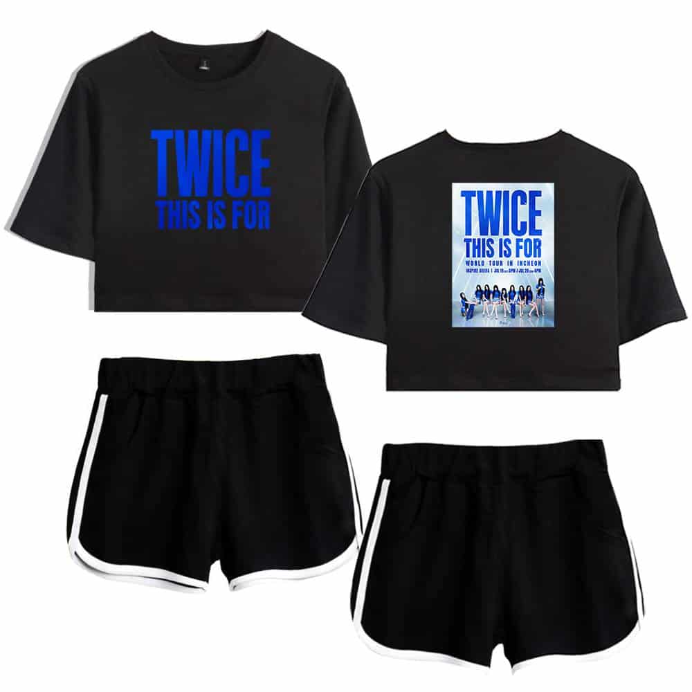 Twice K-pop merchandise set featuring matching cropped t-shirts with concert tour prints and stylish black shorts with white trim, perfect for fans to showcase their love for the group.