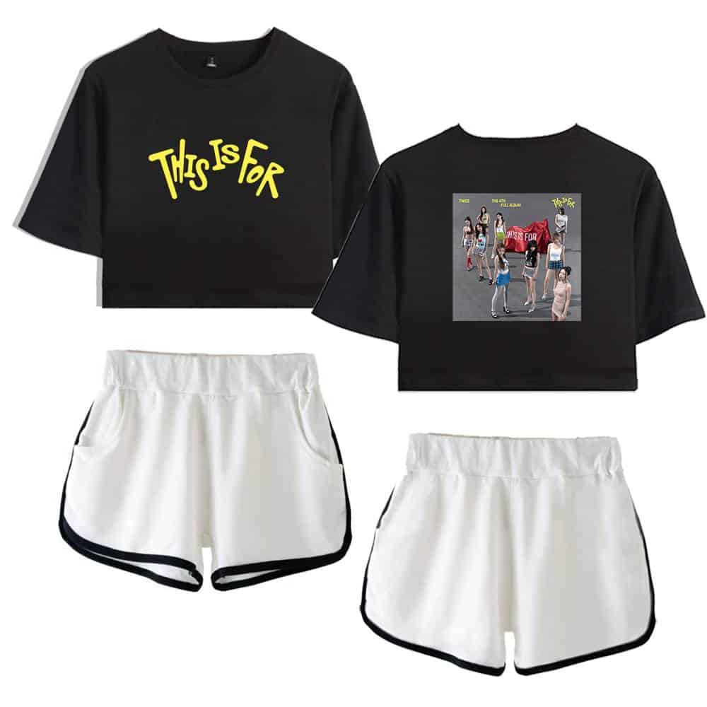 Twice K-pop merch featuring black crop tops with "This Is For" text and a photo print on the back, paired with white athletic shorts with black trim. Trendy and stylish K-pop fan apparel.