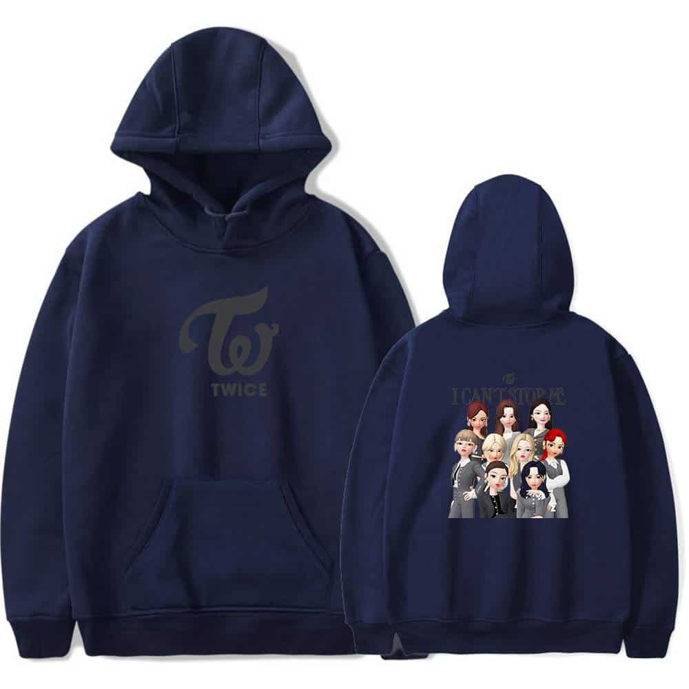 TWICE K-pop hoodie with logo, perfect for fans, black with back graphic of the group's members.