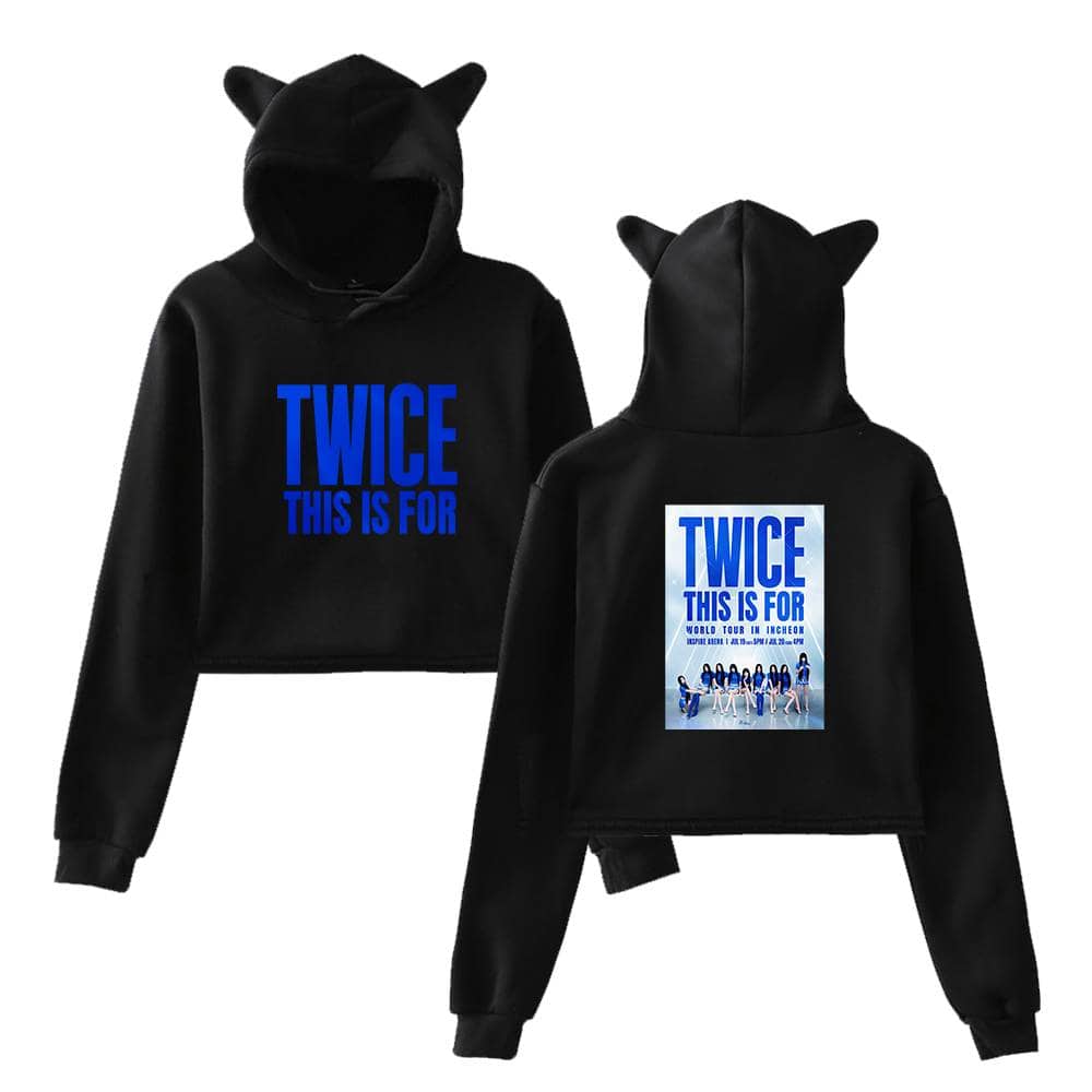 Twice kpop hoodie with purple and blue print, featuring a cute cat-ear hood design.
