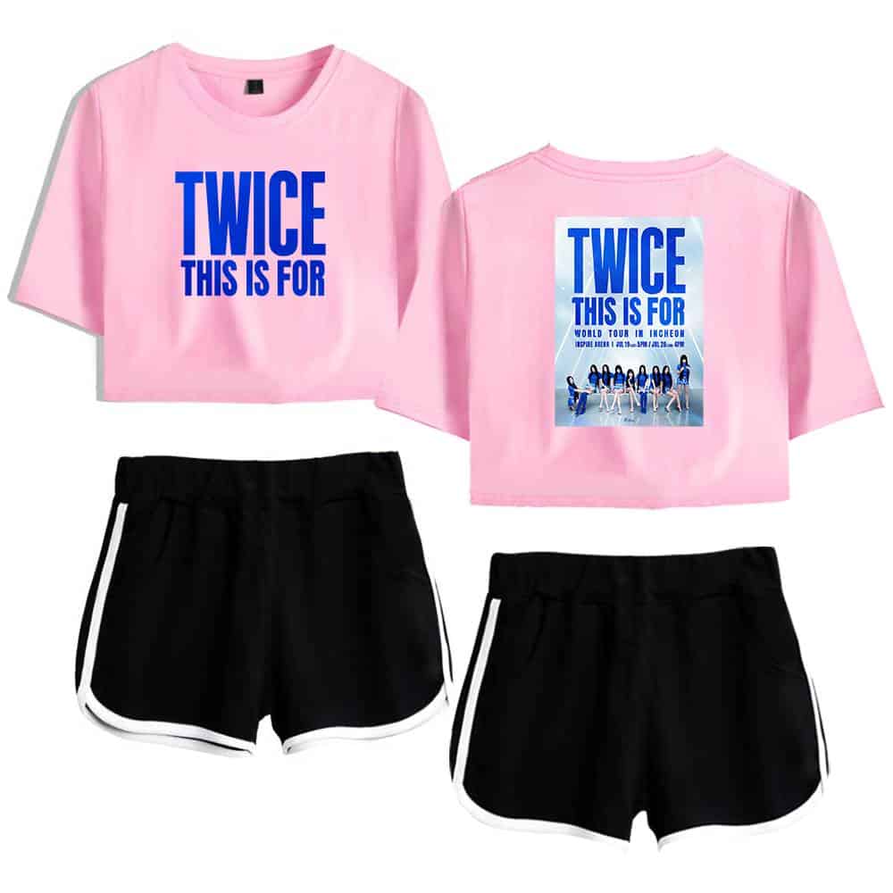 TWICE Kpop merchandise, pink cropped T-shirt with TWICE graphic and black shorts with white trim. Perfect for fans attending concerts or casual wear. High-quality, stylish, and trendy.