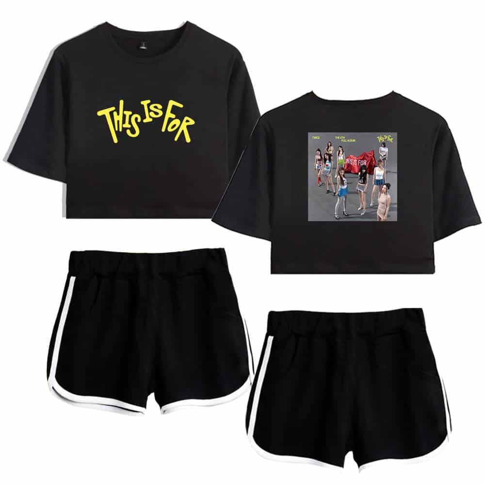 Two times kpop merch, casual black crop top with yellow "This is for" text and a graphic t-shirt featuring a group photo of TWICE members, paired with black shorts with white trim, perfect for K-pop fans and fashion enthusiasts.