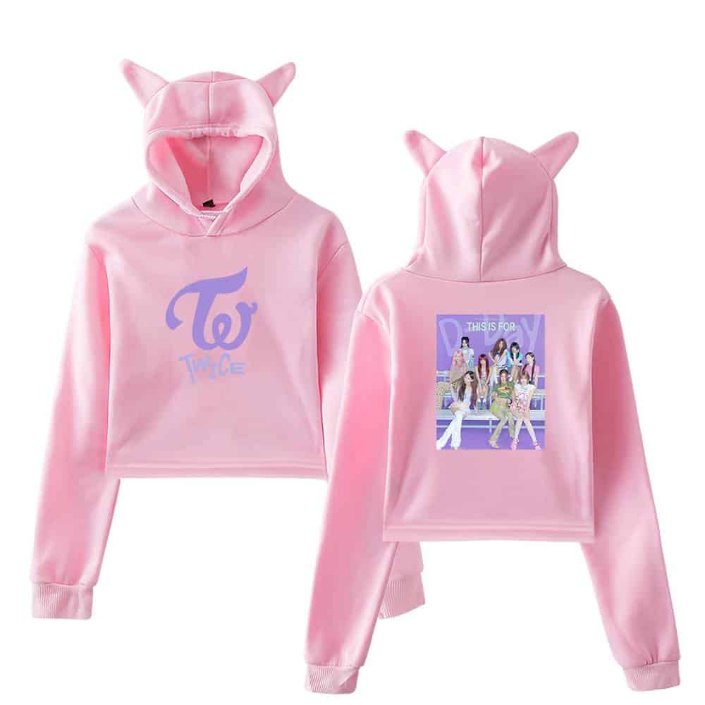 Twice Kpop merch pink hoodie set with cat ears, featuring the group's logo and a photo print of TWICE members, perfect for fans and casual wear.