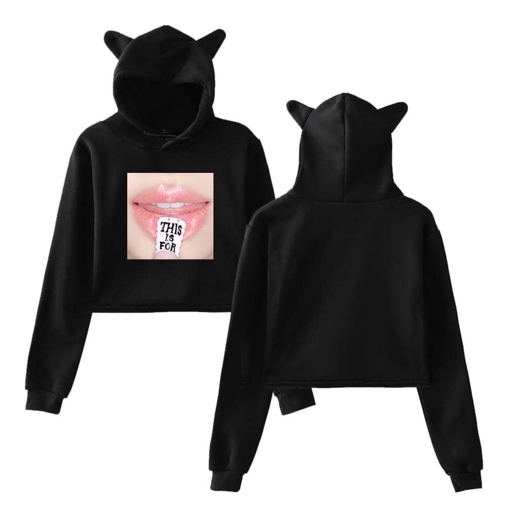 Black hoodie with cat ears and graphic print of lips, perfect for K-pop fans and merch collectors.