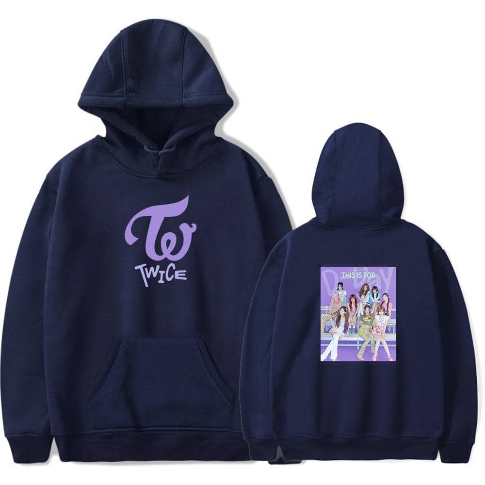 Twice kpop merch hoodie with TWICE logo and group image on back, perfect for fans of the K-pop girl group, available in various sizes.