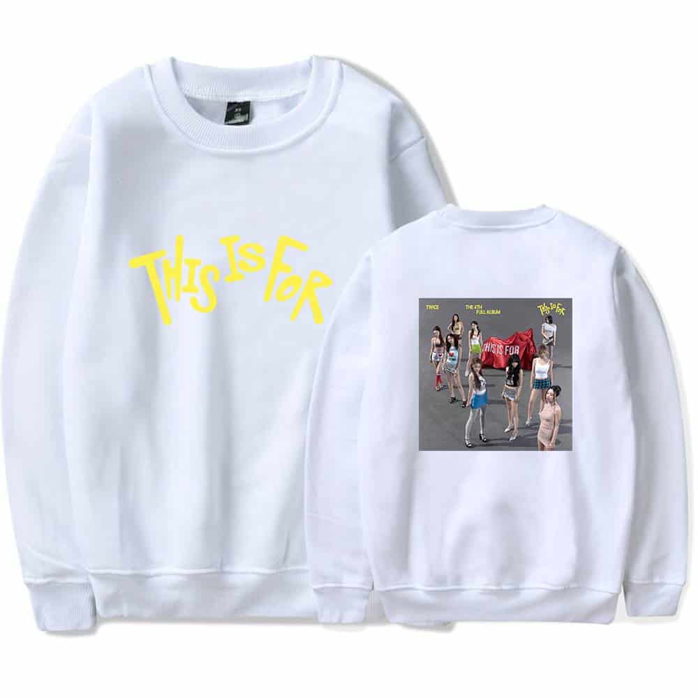 White sweatshirt with yellow "This Is For" text front and group photo print on back, K-pop merchandise, TWICE merch, stylish casual wear for fans of TWICE.