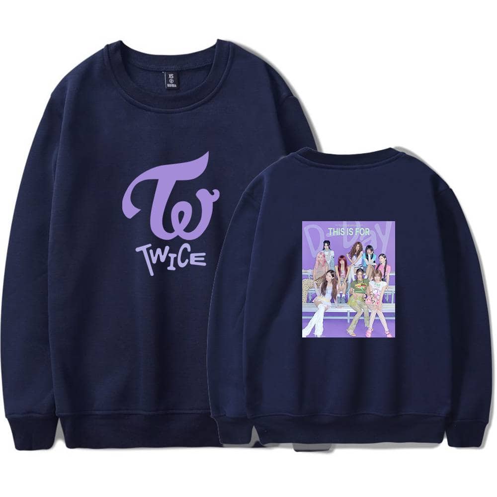 Twice Kpop merch sweatshirt with Twice logo and group photo graphics.