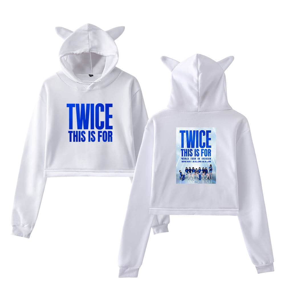 Twice kpop merch hoodie with animal ears design and group photo print.
