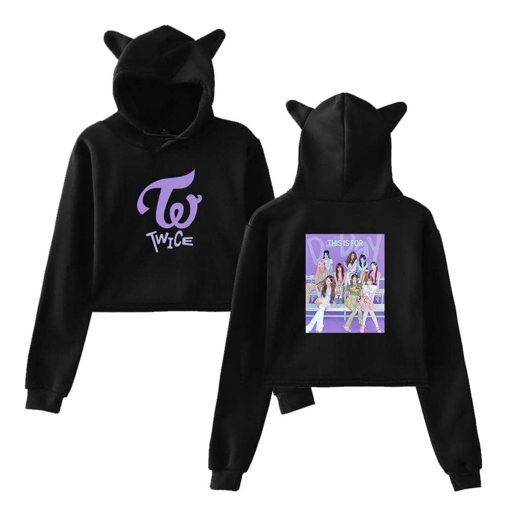 TWICE K-pop hoodie with cute cat ears on the hood, featuring the group's logo and colorful group image on the back, perfect for fans wanting stylish merch.