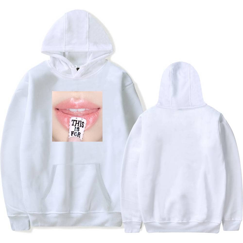 White hoodie featuring a close-up graphic of lips with a lip balm saying "THIS IS FOR". Perfect for K-pop fans who love trendy merch and unique designs. Made of soft, comfortable material for everyday wear.