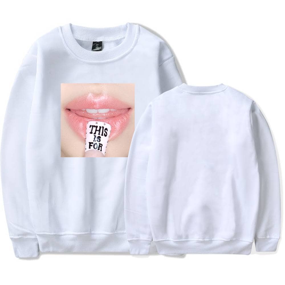 White sweatshirt with graphic of lips and a sticker reading "THIS IS FOR" on the tongue, front and back views.